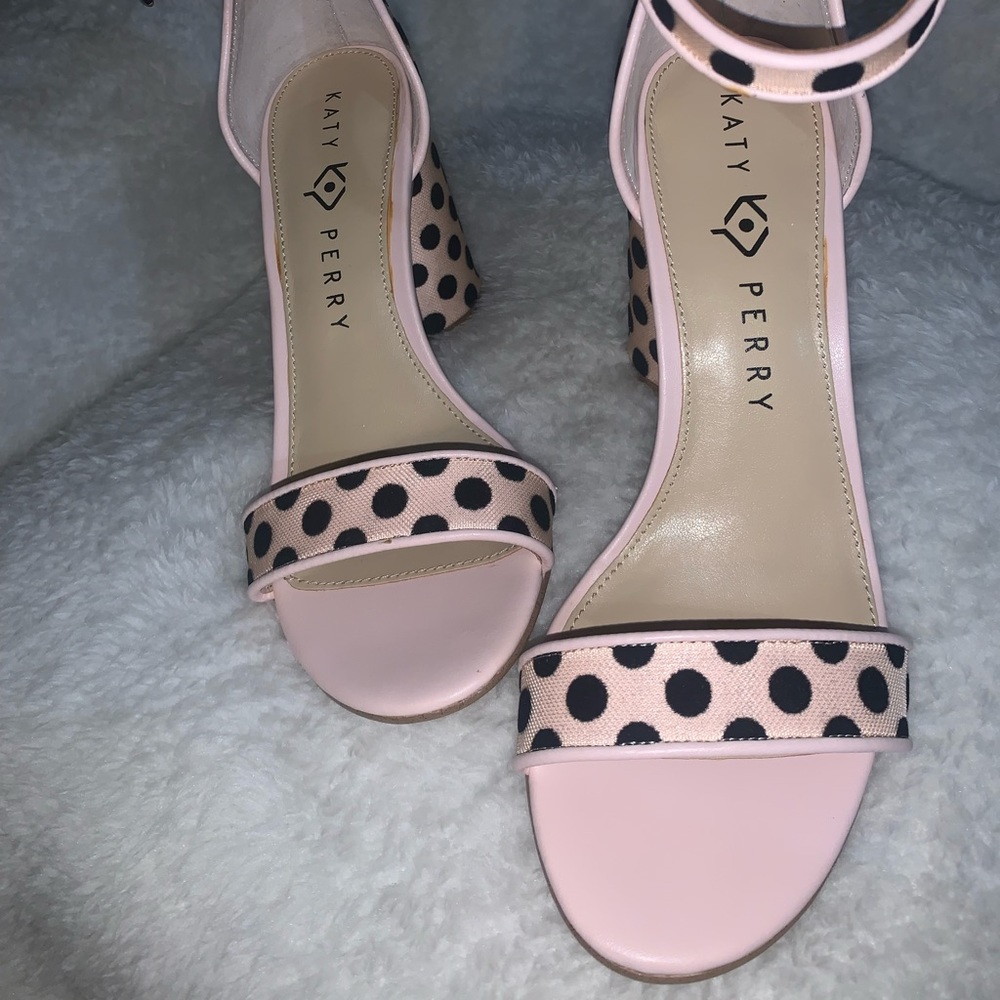 Katy Perry Clara block heel sandals, nude (pink-ish) with brown polka dots